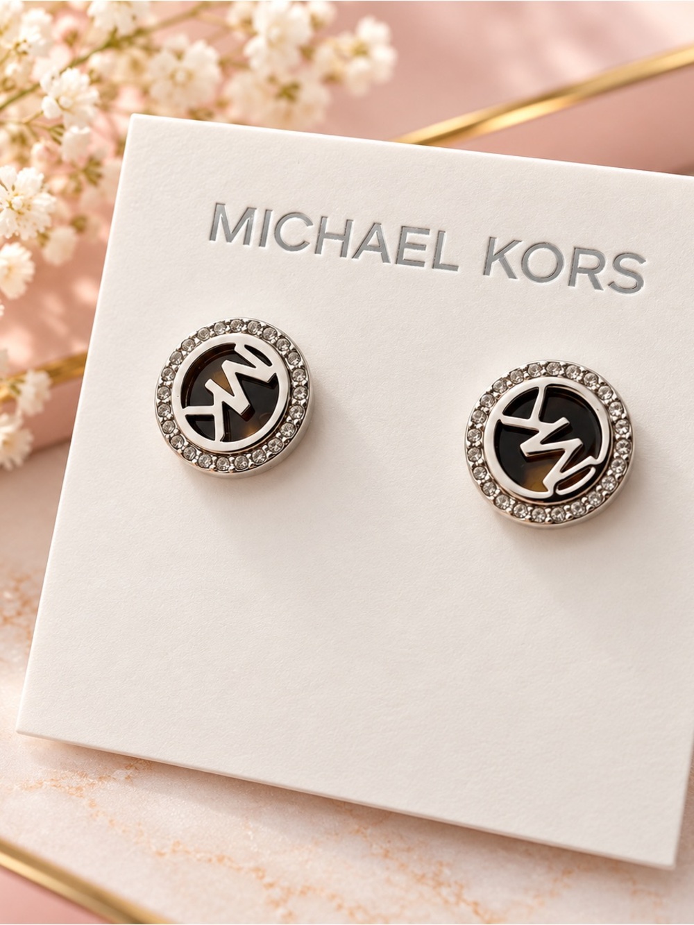 Michael Kors Silver Tone MK Logo Crystal Halo Stud Earrings - Black